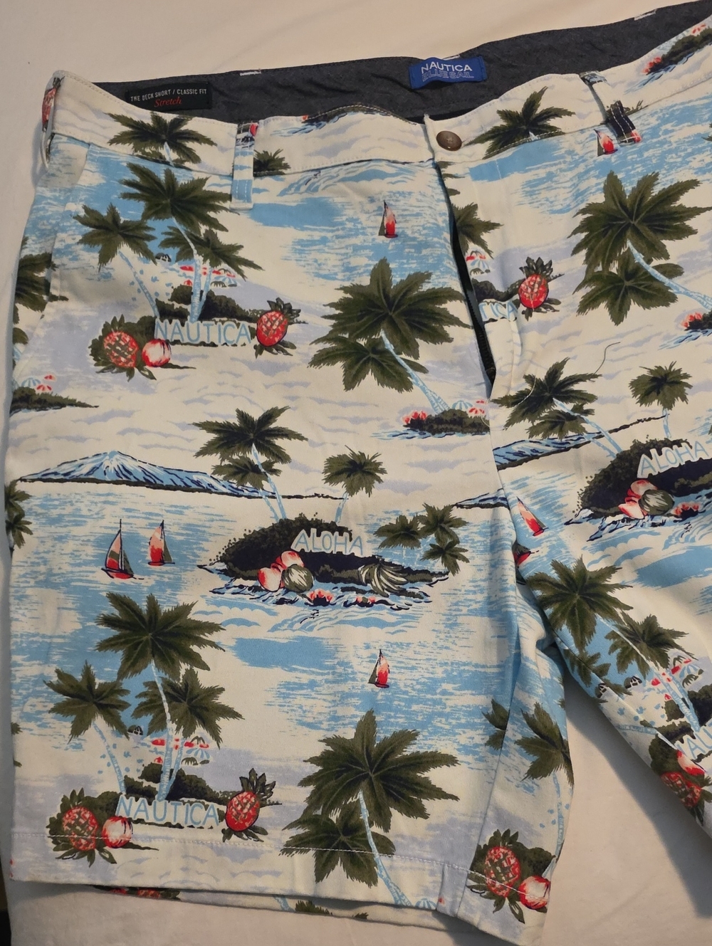 Nautica Tropical Aloha Palm Print Swim Shorts - Light Blue, Green & Red